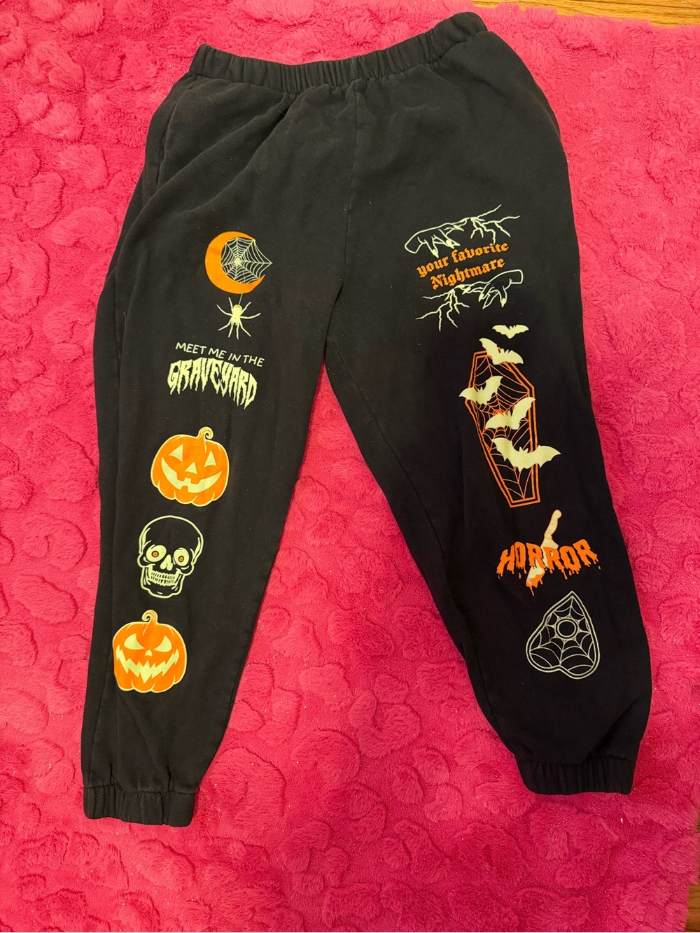 Hot Topic Black Halloween Graphic Jogger Pants with Orange & Neon Green Prints - Picture 2 of 5